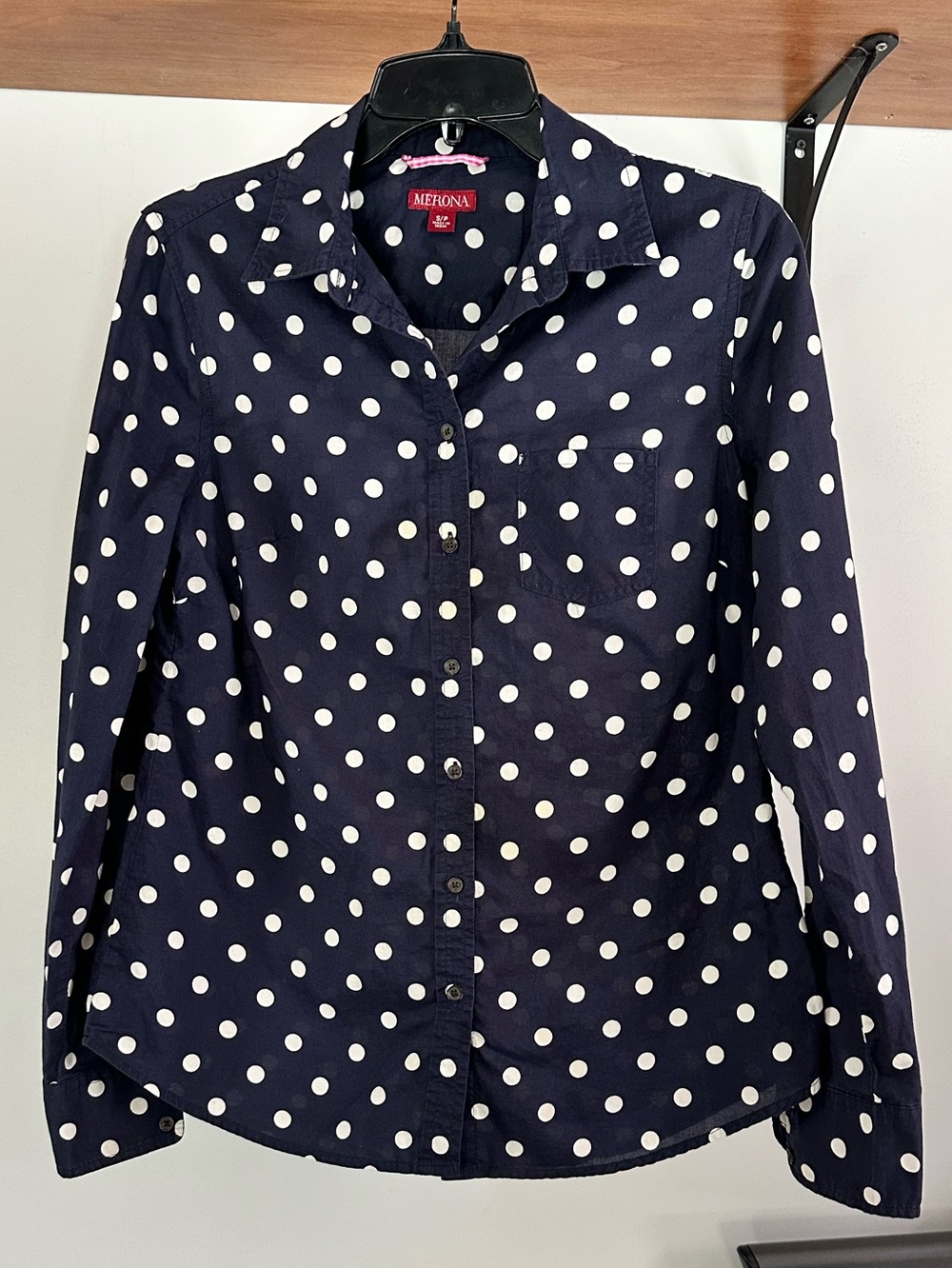 Merona Navy and White Polka Dot Button-Down Shirt-Size Small
